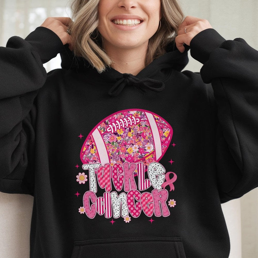 Tackle Cancer Football Hoodie | Floral Pink Ribbon Design | Premium Cotton Blend | Gift for Cancer Survivor & Awareness Month