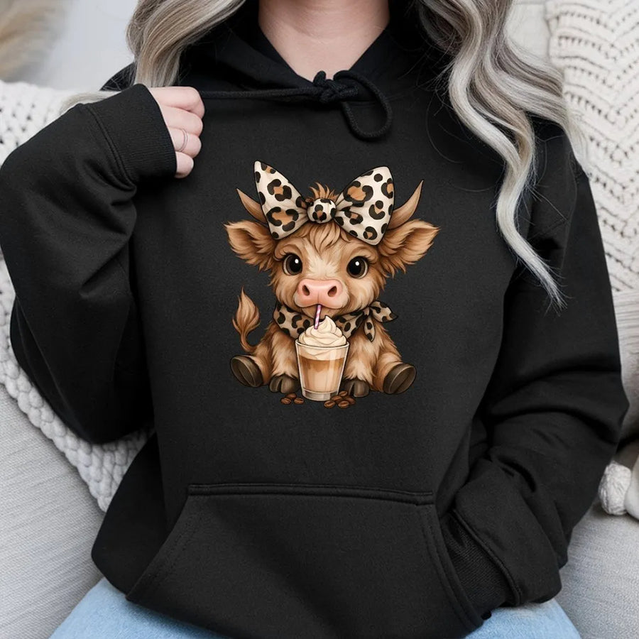 Highland Cow Coffee Hoodie | Leopard Bow Cute Animal Graphic | Premium Cotton Blend | Gift for Coffee Lovers & Farmhouse Decor Fans