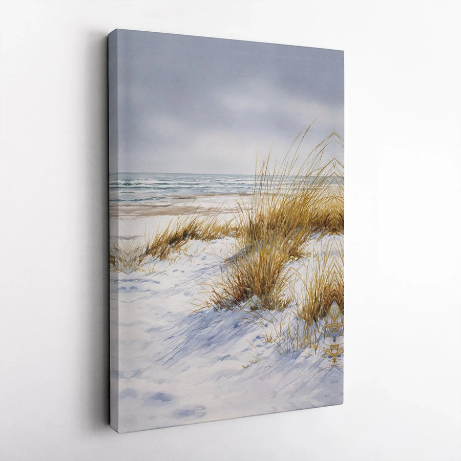 Winter Beach Canvas Wall Art | Watercolor Snowy Coastal Landscape | Premium Frameless Print | Modern Nautical Living Room Decor