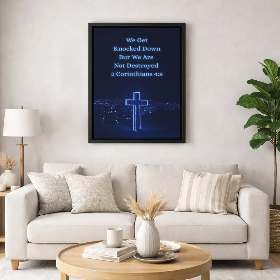 2 Corinthians 4:8 Bible Verse Canvas | Glowing Neon Cross Wall Art | Premium 1.25 Inch Gallery Wrap | Inspirational Christian Gift for Home Decor