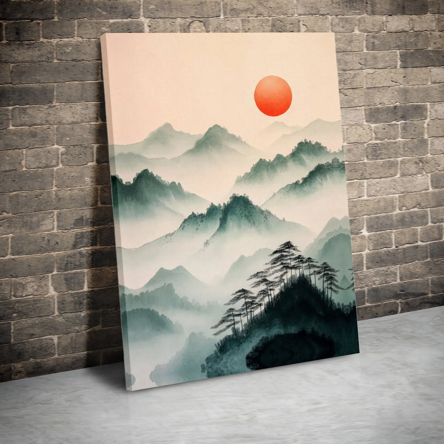 Japanese Mountain Canvas Print | Misty Forest & Red Sun Artwork | Premium Gallery Wrapped Canvas | Zen Wall Decor Gift