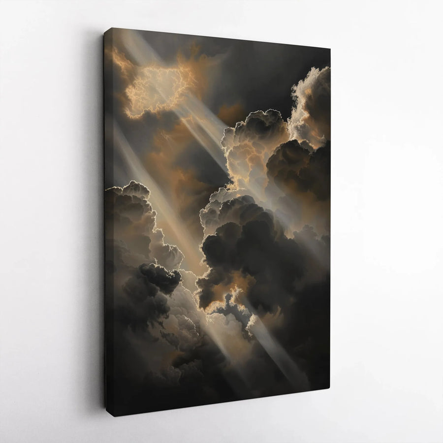 Stormy Cloud Canvas Wall Art | Sunbeams Breaking Through Dark Sky | Premium Gallery Wrapped Decor | Moody Landscape Gift for Home Office