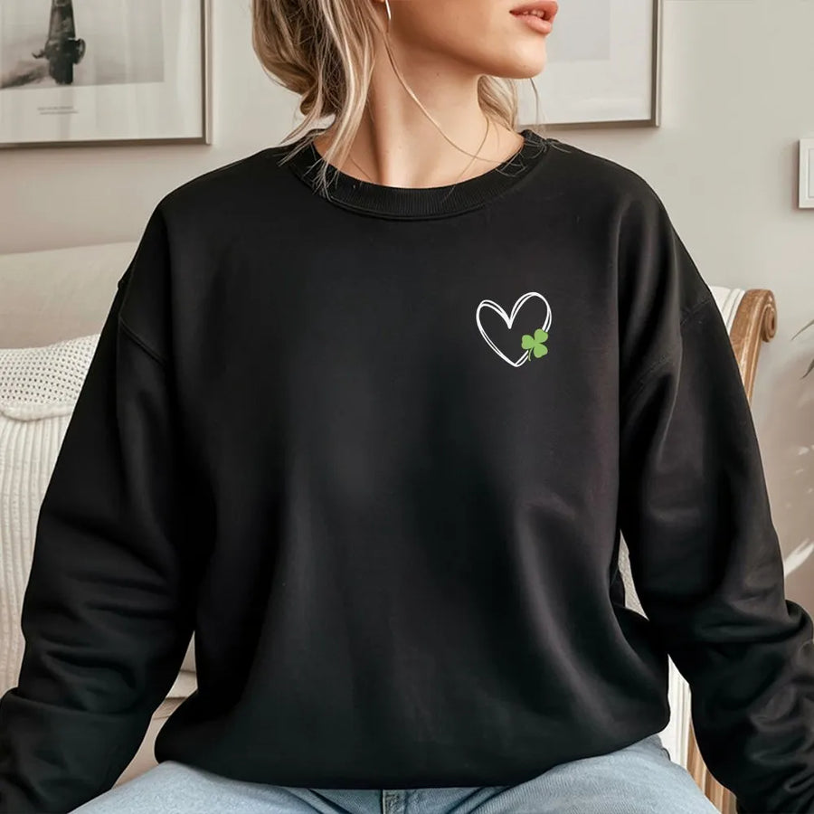 St Patrick's Day Sweatshirt | Minimalist Shamrock Heart Pocket Print | Soft Unisex Premium Fleece | Lucky Irish Gift for Her