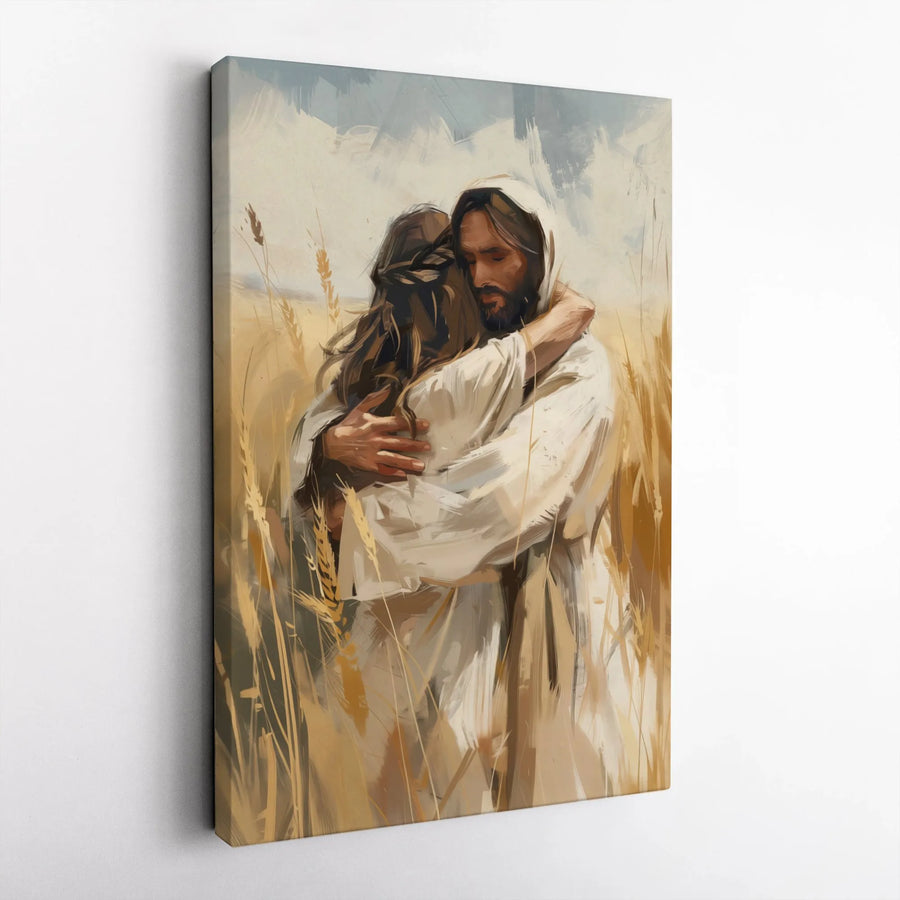 Jesus Hugging Canvas Print | Modern Christian Art in Wheat Field | Premium Gallery Wrap Canvas | Spiritual Wall Decor Gift for Christians