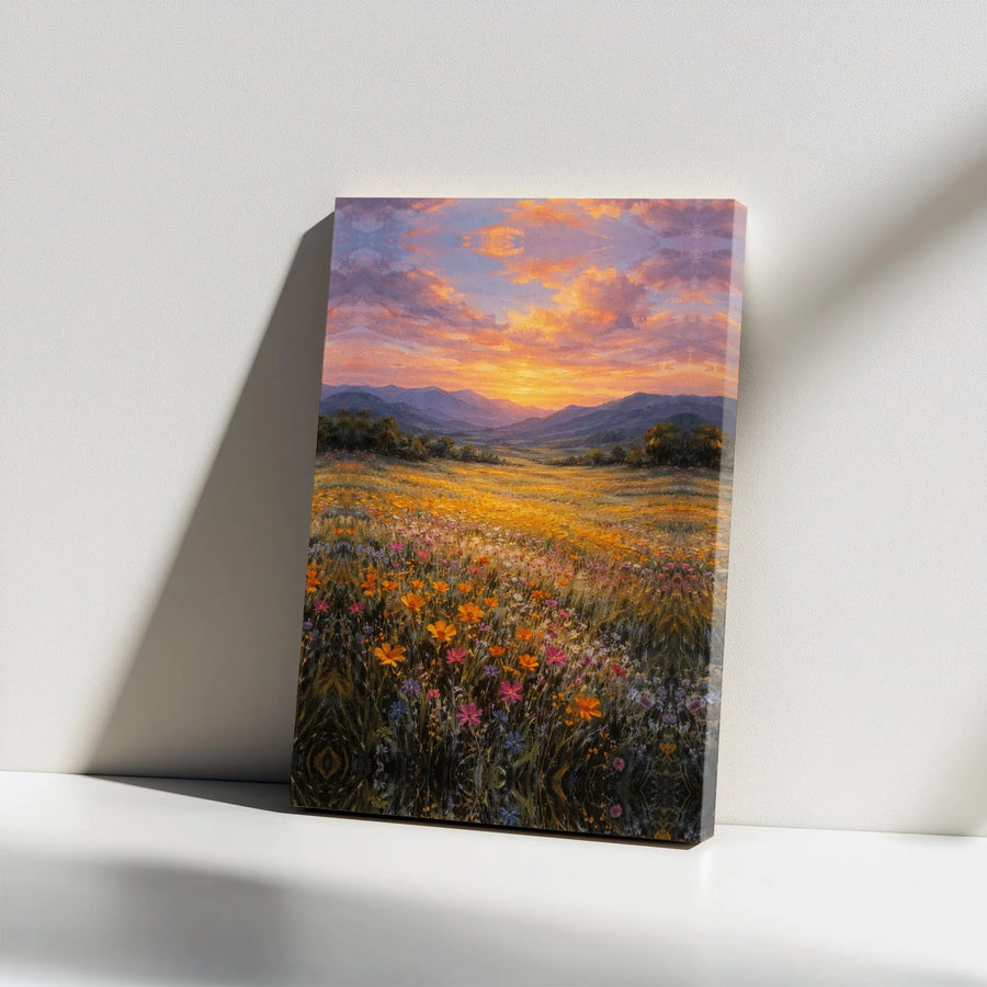 Wildflower Meadow Canvas Wall Art | Vibrant Sunset Mountain Landscape | Premium Gallery Wrapped Canvas | Boho Botanical Art Gift for Home Decor