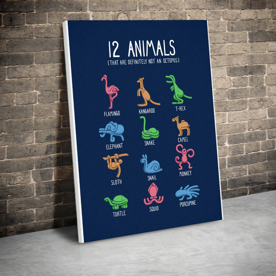 Funny Octopus Joke Canvas Art | 12 Animals That Are Not an Octopus | Premium Thick Canvas Print | Unique Gag Gift for Marine Biologist or Nerd