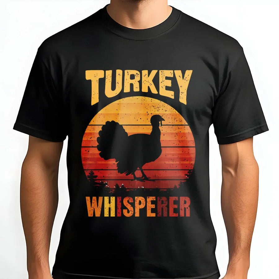Turkey Whisperer T-Shirt | Retro Sunset Turkey Hunter Design | Premium Cotton Blend | Funny Hunting Season Gift for Dad, Outdoor Apparel