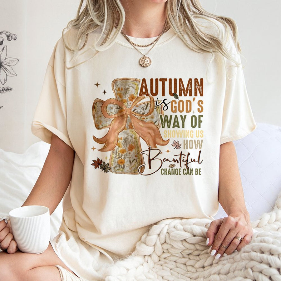 Autumn Is Gods Way Floral Cross T-Shirt | Retro Fall Aesthetic Bow Design | 100% Cotton Premium Comfort | Religious Thanksgiving Gift for Her