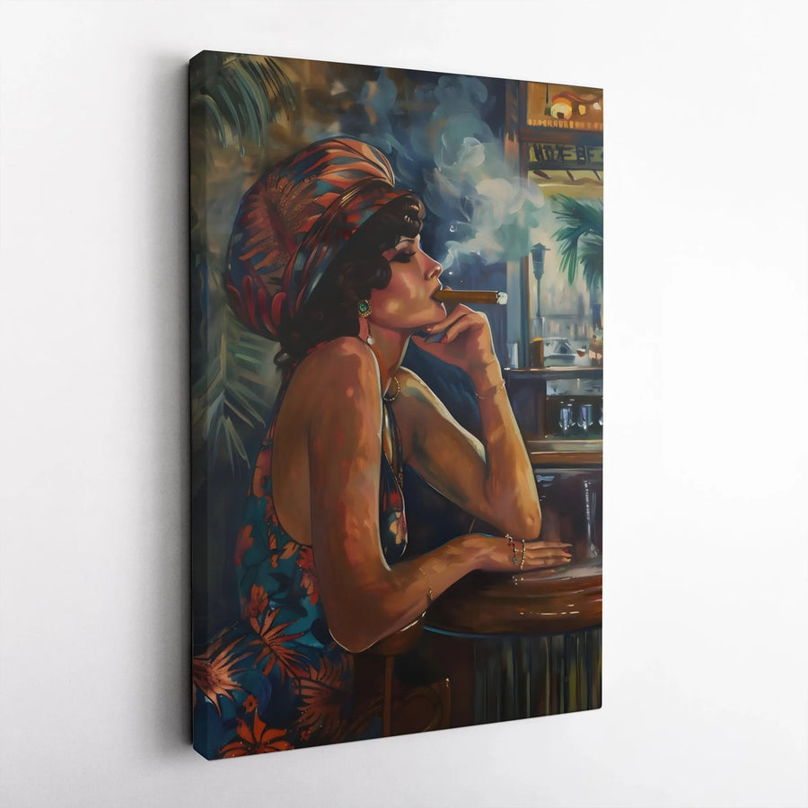 Elegant Woman Smoking Cigar Canvas Print | Vintage Speakeasy Bar Painting | Premium Gallery Wrapped Canvas | Man Cave & Home Bar Decor Gift