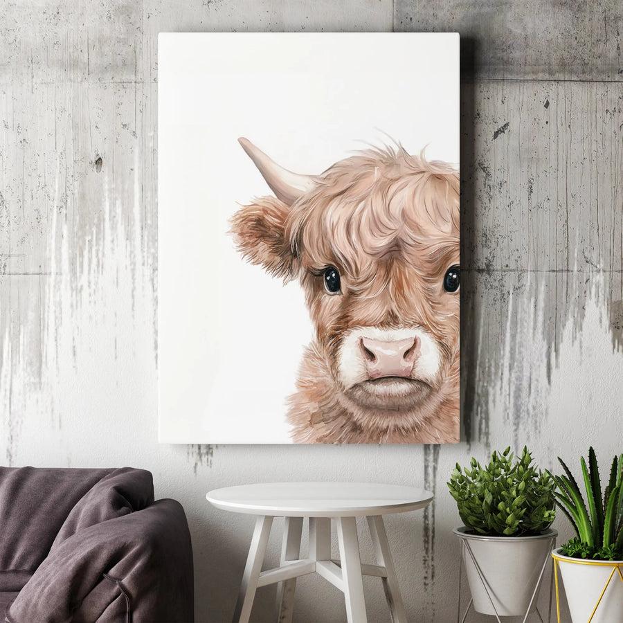 Highland Cow Canvas Print | Baby Cow Nursery Wall Art | 1.25 Inch Gallery Wrap | Farmhouse Decor for Kids Room and Home Gift