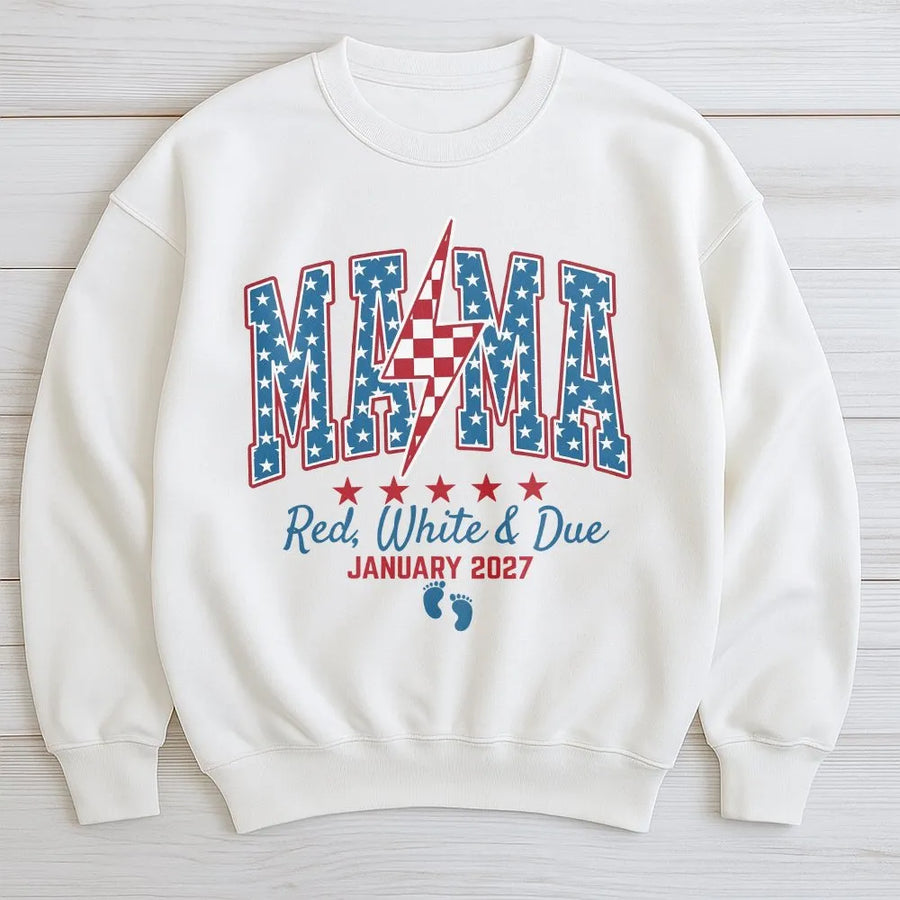 4th of July Pregnancy Announcement Shirt | American Mama Red White & Due Design | Premium Cotton Tee | Gift for Mom To Be
