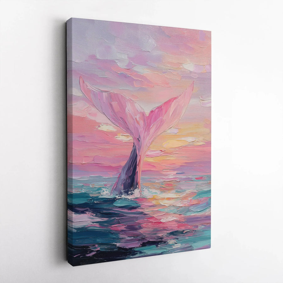 Whale Tail Canvas Art | Pink Sunset Ocean Impasto Painting | Premium Fade-Resistant Print | Coastal Beach House Wall Decor Gift