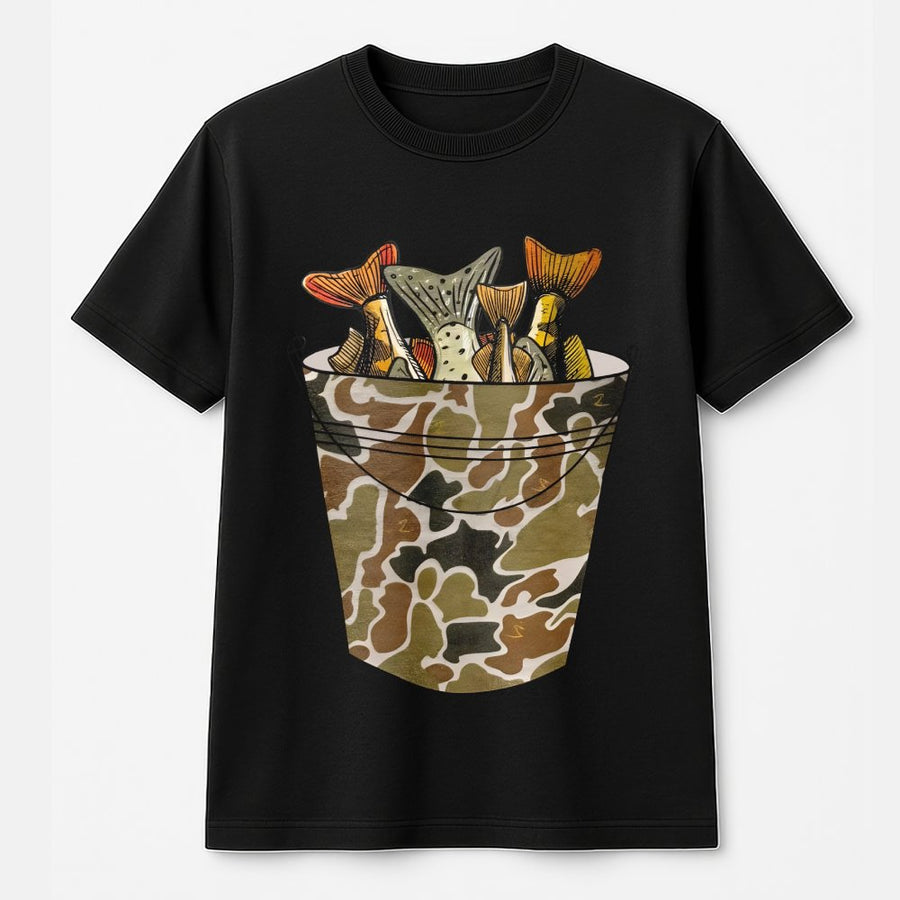 Fishing Bucket T-Shirt | Camo Print Graphic Design | 100% Soft Cotton Tee | Outdoors Lover Gift For Men And Women