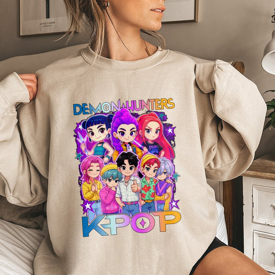 K-Pop Anime Sweatshirt | Demon Hunters Chibi Graphic Design | Premium Cotton Blend | Gift For Kpop Fan And Manga Lovers
