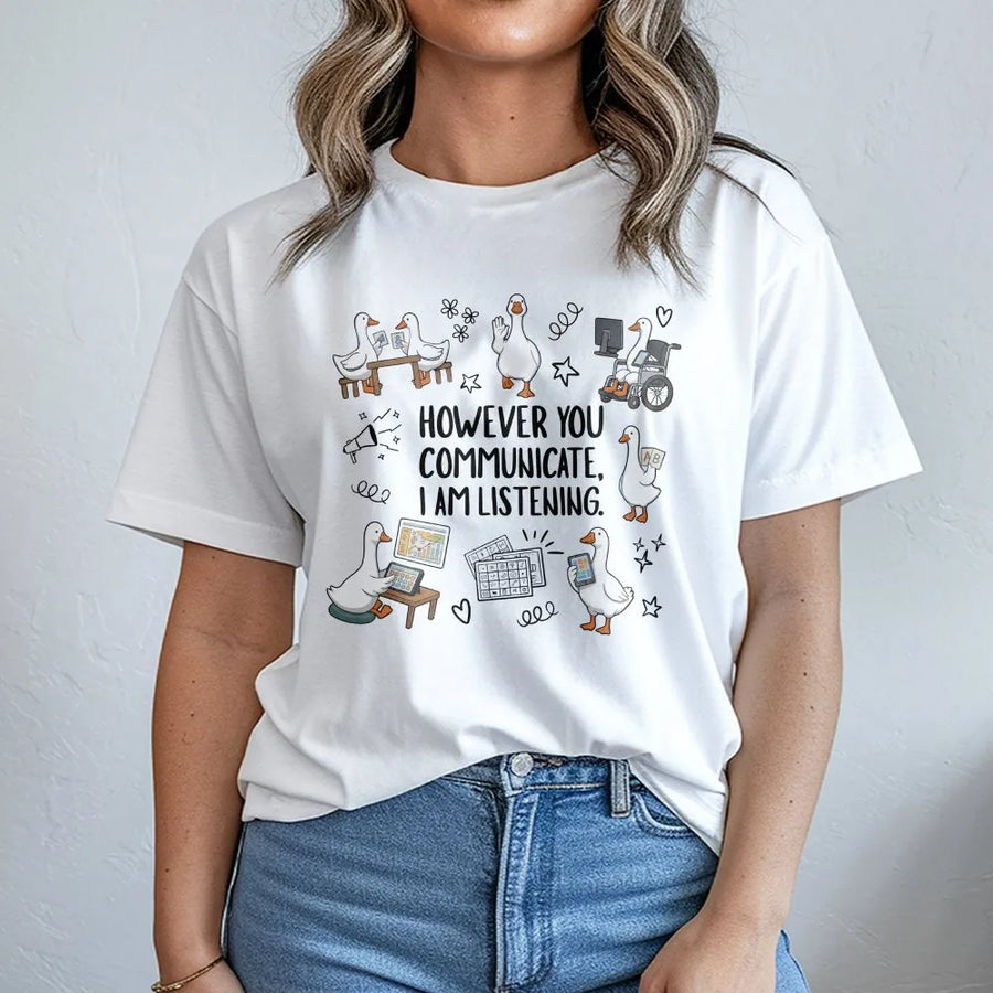 SPED Teacher T-Shirt | AAC Communication Goose Graphic | Premium Cotton-Blend | Gift for Special Education Teacher