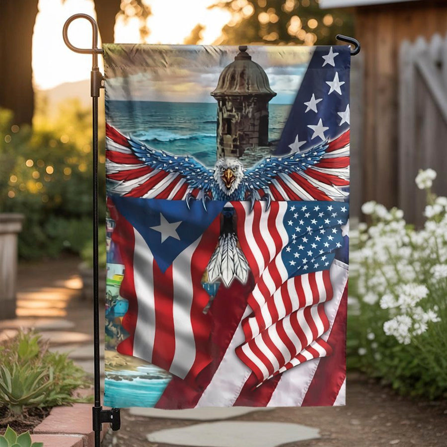 Puerto Rico US Flag Garden Flag | Patriotic Eagle Outdoor Decor | Weather-Resistant Polyester | Gift for Puerto Rican Heritage