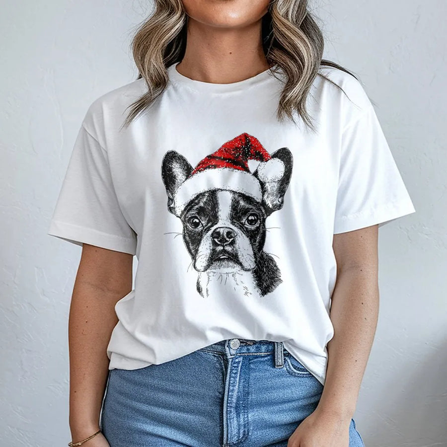 Boston Terrier Christmas T-Shirt | Santa Hat Frenchie Graphic | Premium Cotton Unisex Tee | Cute Holiday Dog Lover Gift for Him and Her
