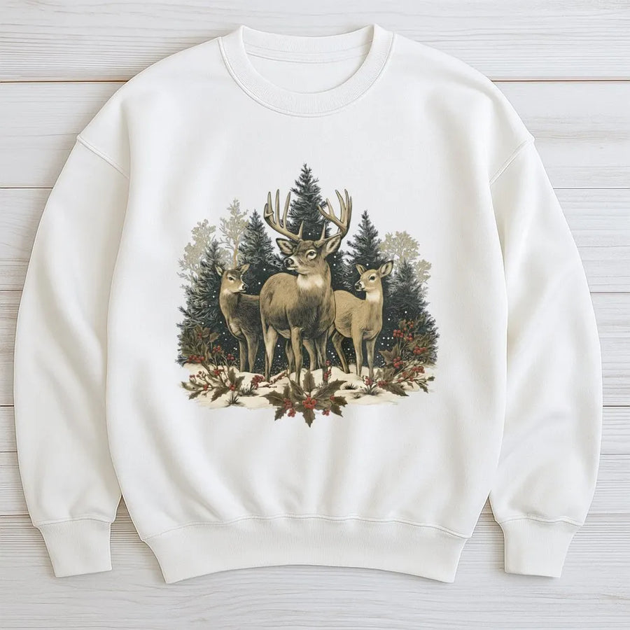 Vintage Deer Forest Sweatshirt | Retro Nature Graphic Print | Premium Cotton Blend Crewneck | Winter Wildlife Gift for Outdoorsmen & Nature Lovers