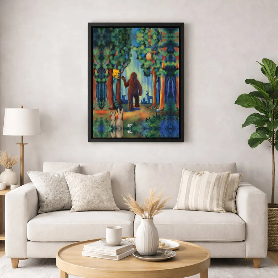 Bigfoot Reading Book Forest Art | Whimsical Sasquatch Woodland Decor | Premium Gallery Wrap Canvas | Unique Gift For Nature Lovers