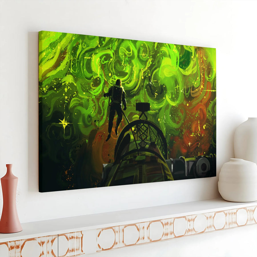 Astronaut Space Fishing Horizontal Canvas | Surreal Sci-Fi Neon Green Nebula Wall Art | Premium 1.25 Inch Gallery Wrap | Unique Gift for Gamers and Cosmic Art Collectors