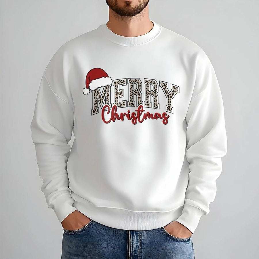 Merry Christmas Leopard Print Sweatshirt | Retro Festive Santa Hat Graphic | Premium Cotton Blend Cozy Holiday Apparel | Cute Christmas Gift For Her