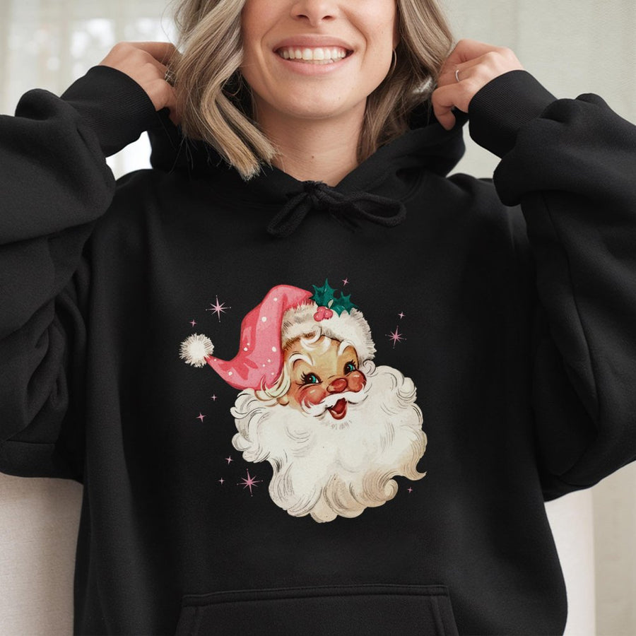 Retro Santa Hoodie | Pink Vintage Christmas Aesthetic | Premium Cotton Blend Pullover | Cute Holiday Gift for Her