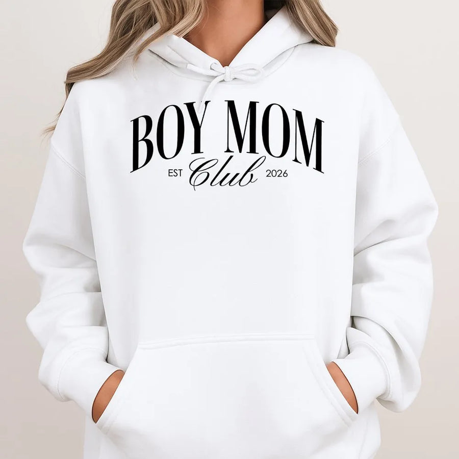 Boy Mom Club Hoodie | Trendy Mama Graphic Tee with EST Year | Premium Cotton Top | Mother's Day Gift for New Mom of Boys