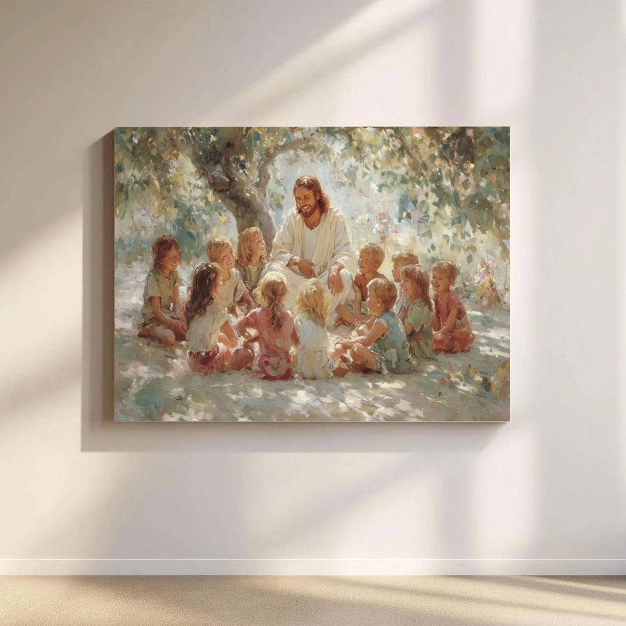 Jesus Teaching Children Canvas Wall Art | Religious Christian Painting | Gallery Wrap Wooden Frame | Inspirational Home Decor Gift
