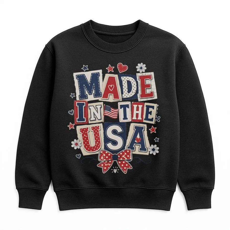 Patriotic USA Sweatshirt | Coquette Collage Made in USA Graphic | Premium Cotton Blend | 4th of July Independence Day Gift for Men & Women