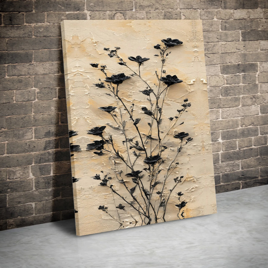 Textured Floral Canvas Wall Art | Minimalist 3D Effect Black Flower Art | Premium Gallery Wrap Canvas | Modern Home Decor Gift
