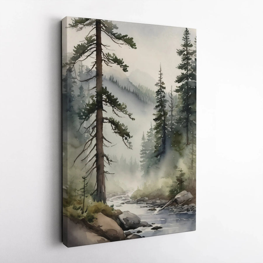 Foggy Pine Forest Canvas Wall Art | Watercolor Nature Landscape Print | 1.25-Inch Gallery Wrap | Modern Mountain River Decor for Home Office