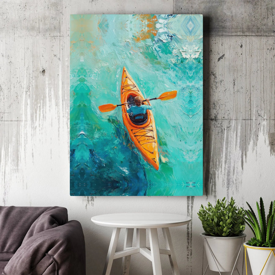 Kayaking Canvas Wall Art | Impressionist Orange Kayak Painting | 1.25-Inch Gallery Wrap | Coastal Decor Gift for Water Sports Lovers