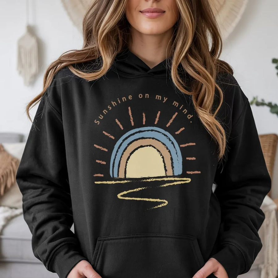 Sunshine On My Mind Hoodie | Retro Boho Sun Graphic | Premium Comfort Colors Tee | Summer Vacation Gift for Women