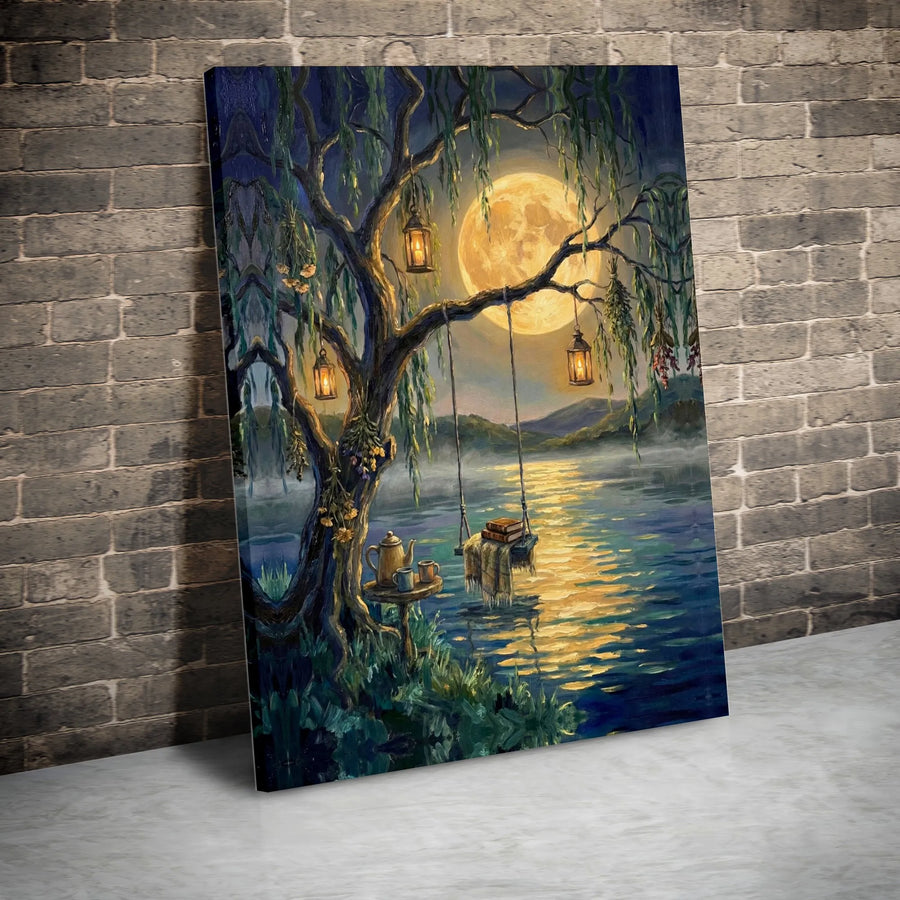 Moonlit Tree Swing Canvas Art | Peaceful Night Lake Painting with Lanterns | Premium Framed Canvas Print | Cozy Home Decor Gift