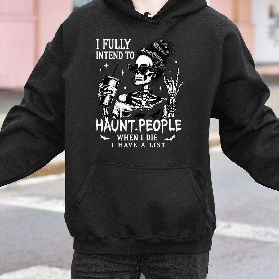 Haunt People Hoodie | Funny Skeleton Coffee Lover Graphic | Cotton Blend Premium Streetwear | Sarcastic Halloween Gift For Her