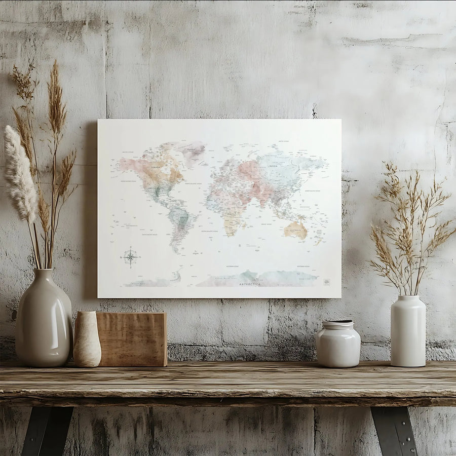 Watercolor World Map Canvas Print | Large Decorative Wall Art | Premium Gallery Wrap Wooden Frame | Travel Gift for Home and Office Decor