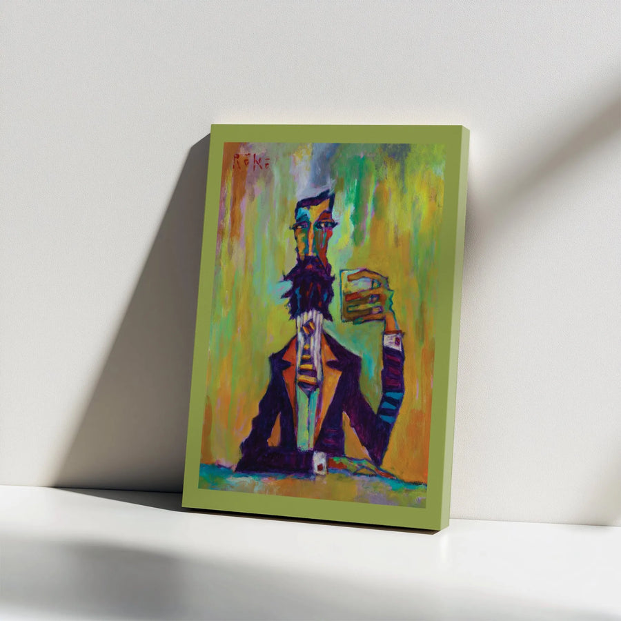 Abstract Bearded Man Canvas Wall Art | Whimsical Expressive Portrait Painting | Premium Gallery Wrapped Decor | Unique Bar Decor Gift for Men