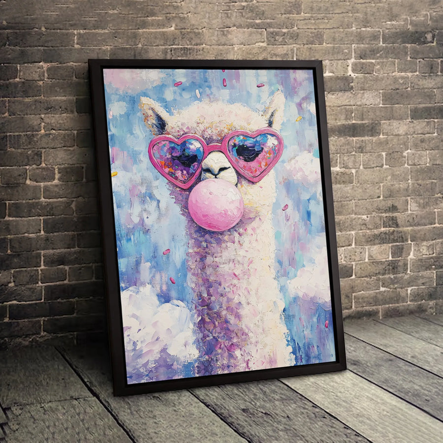 Llama Wall Art Canvas | Cute Alpaca Blowing Bubble Gum with Heart Sunglasses | Premium Texture Gallery Wrap | Whimsical Nursery or Office Decor