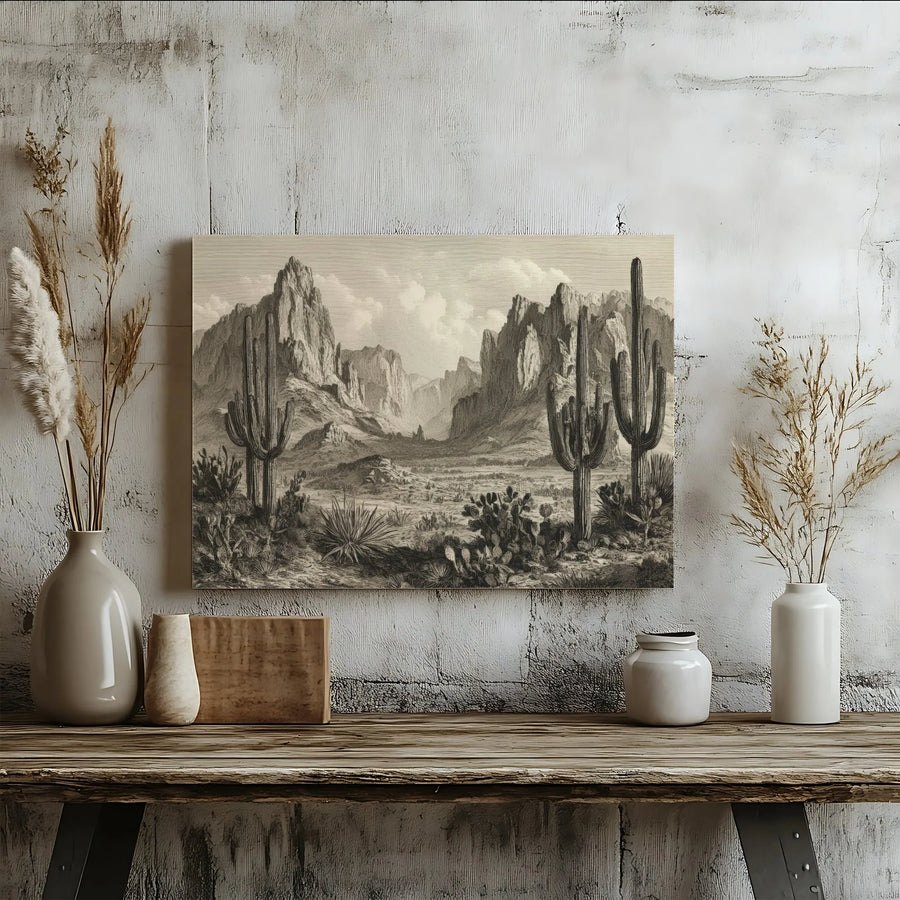 Vintage Arizona Desert Landscape Canvas | Saguaro Cactus Etching Art | Premium 1.25-Inch Gallery Wrap | Southwestern Home Decor Gift
