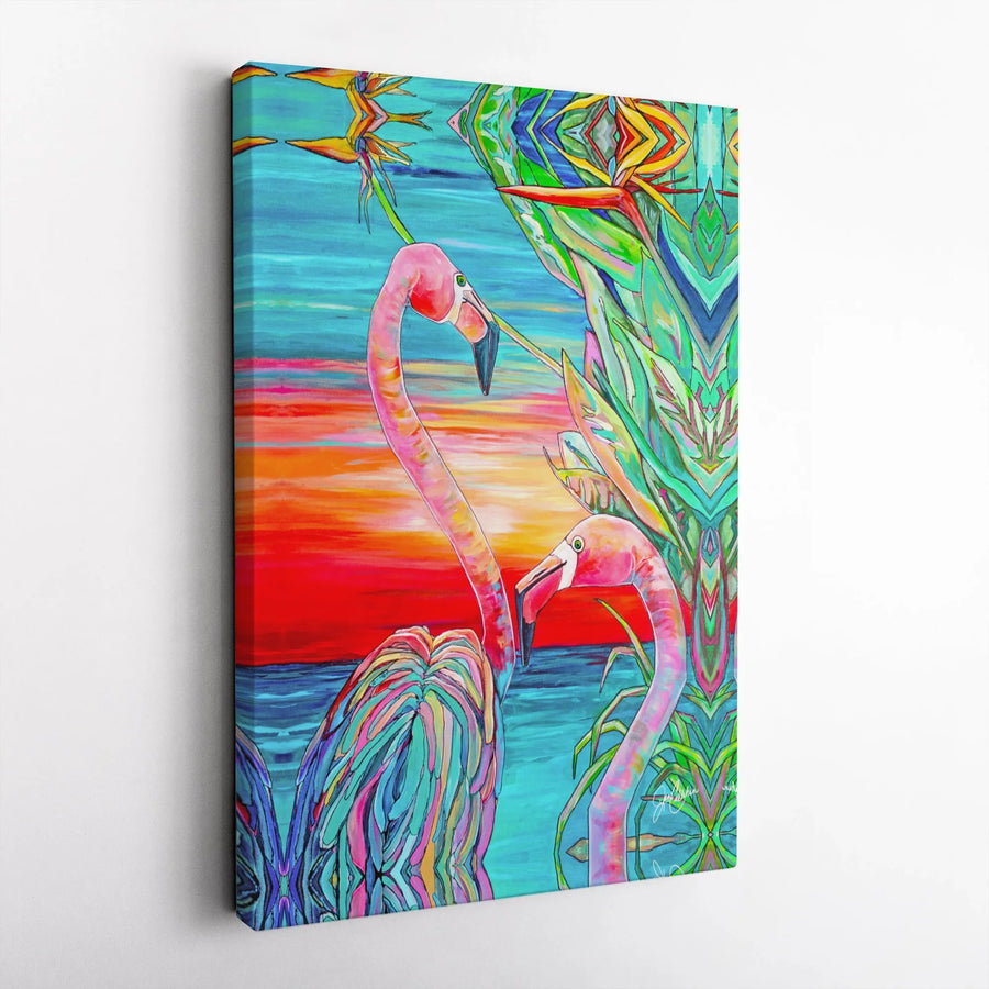 Tropical Flamingo Canvas Art | Vibrant Sunset Bird of Paradise Print | 1.25 Inch Gallery Wrap | Coastal Boho Home Decor Gift