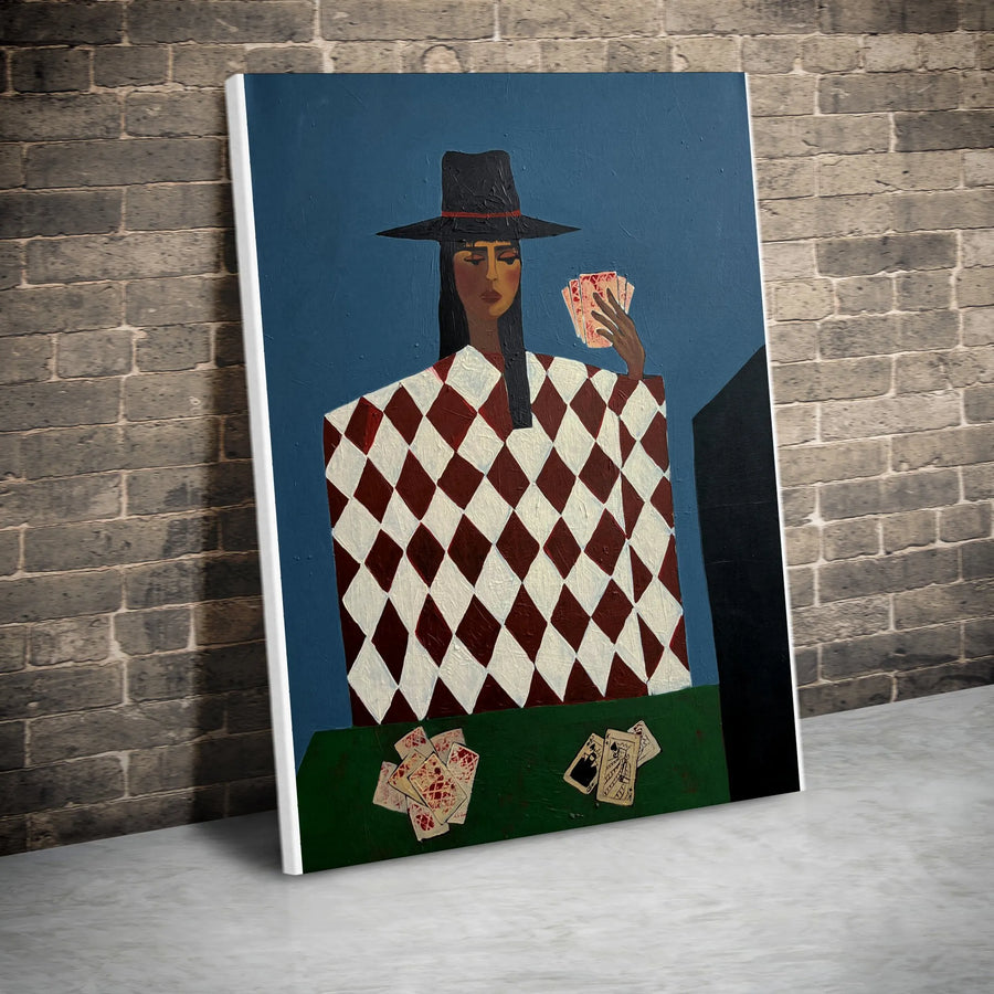 Abstract Card Player Canvas Wall Art | Modern Woman Gambler Painting | Premium Gallery Wrapped Canvas | Game Room Decor Gift for Poker Player