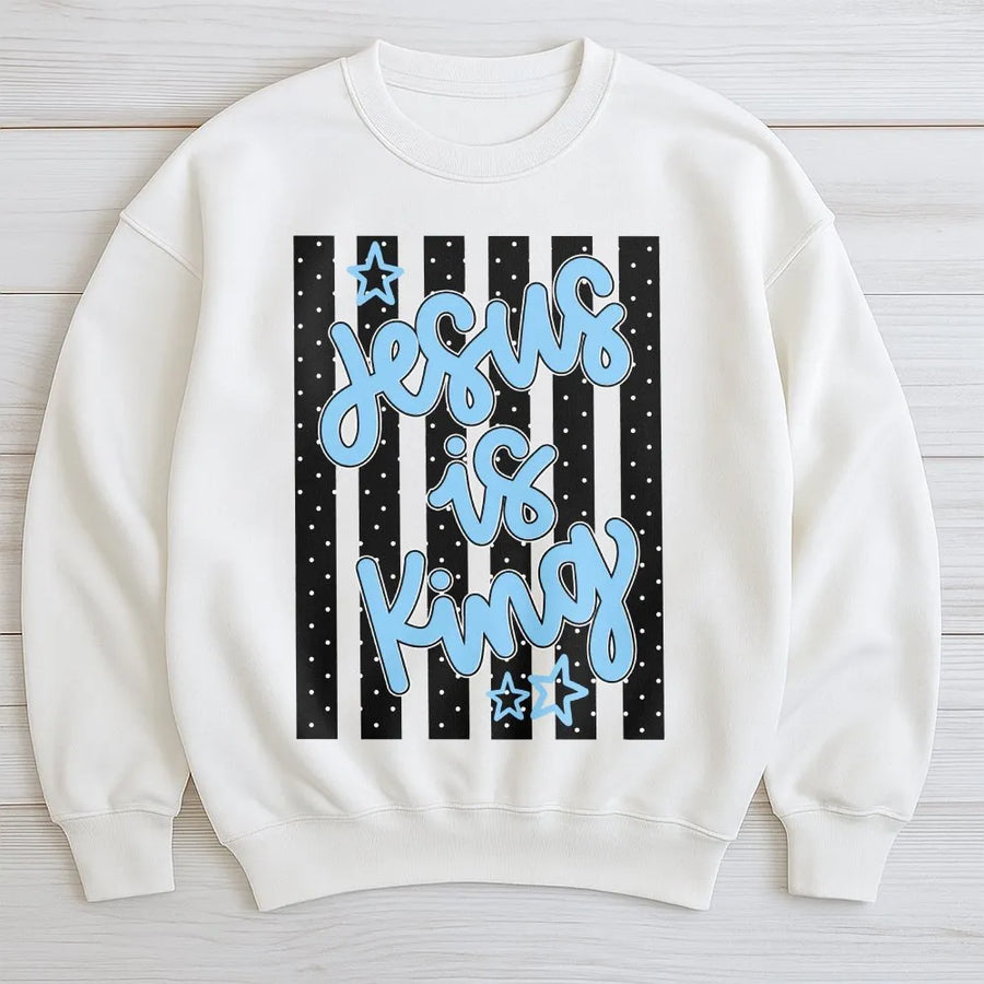 Jesus Is King Sweatshirt | Trendy Striped Polka Dot Graphic | Premium Cotton-Poly Blend | Inspirational Gift for Christian Women