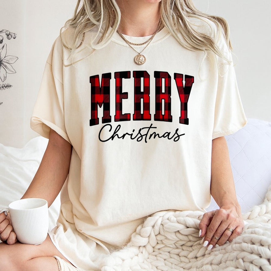 Merry Christmas T-Shirt | Buffalo Plaid Graphic Design | Premium 100% Cotton | Cozy Holiday Gift for Women and Family