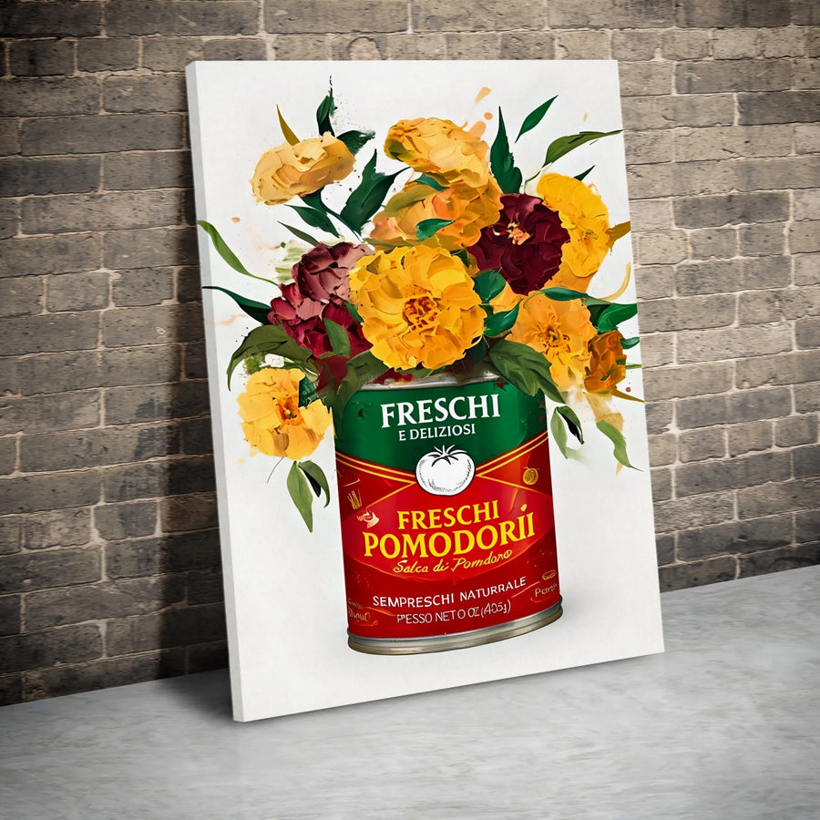 Italian Tomato Can Wall Art | Floral Still Life Painting | Premium Gallery Canvas | Kitchen Decor Gift for Foodies