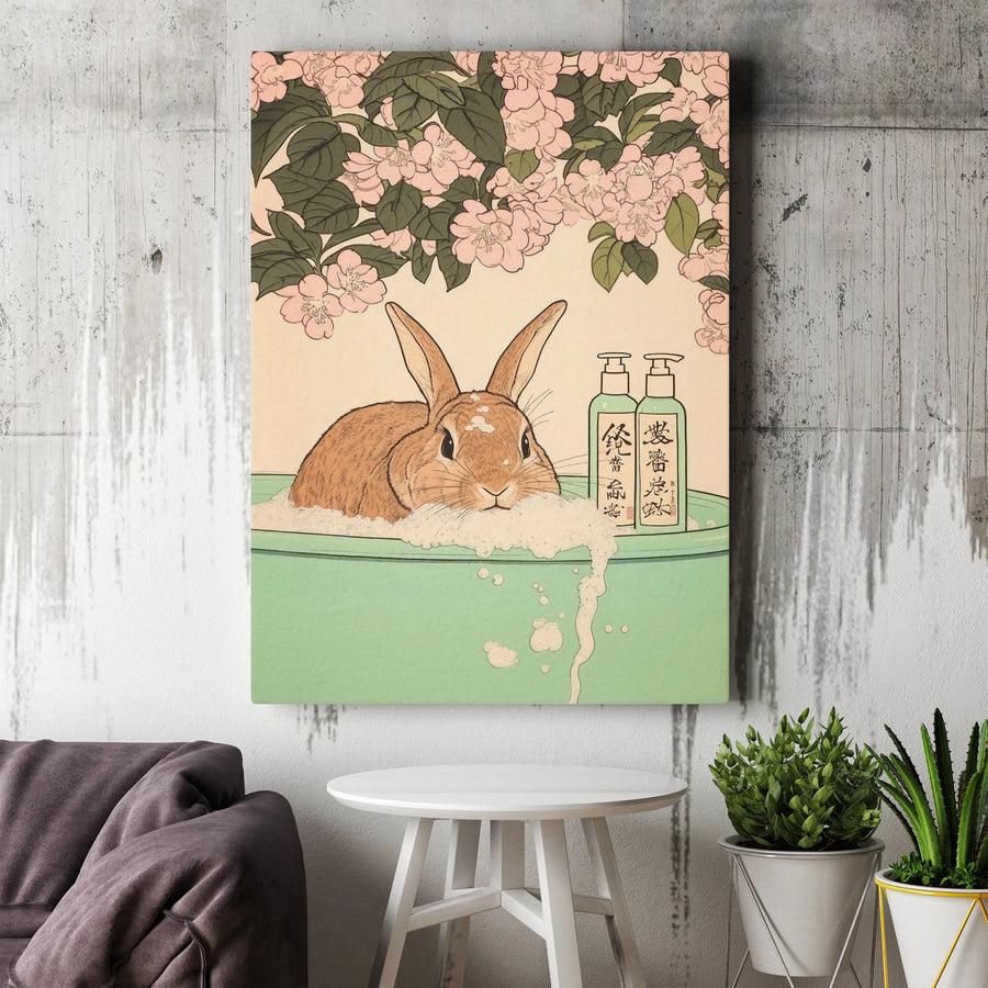 Japanese Ukiyo-e Rabbit Bath Vertical Canvas | Cute Vintage Woodblock Bunny Art Print with Cherry Blossoms | Premium 1.25 Inch Gallery Wrap | Whimsical Bathroom Decor Gift