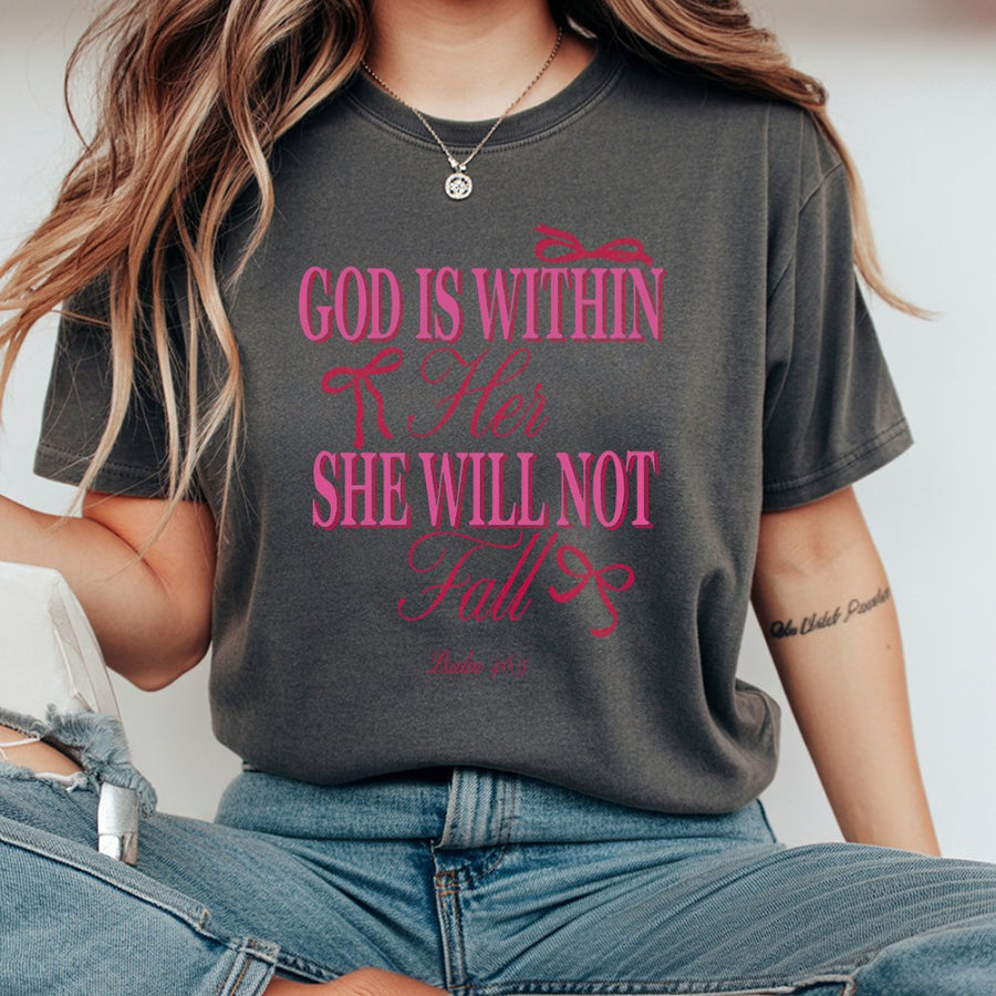 God Is Within Her She Will Not Fall T-Shirt | Psalm 46:5 Aesthetic Graphic Tee | 100% Cotton Premium Quality | Religious Christian Gift for Women