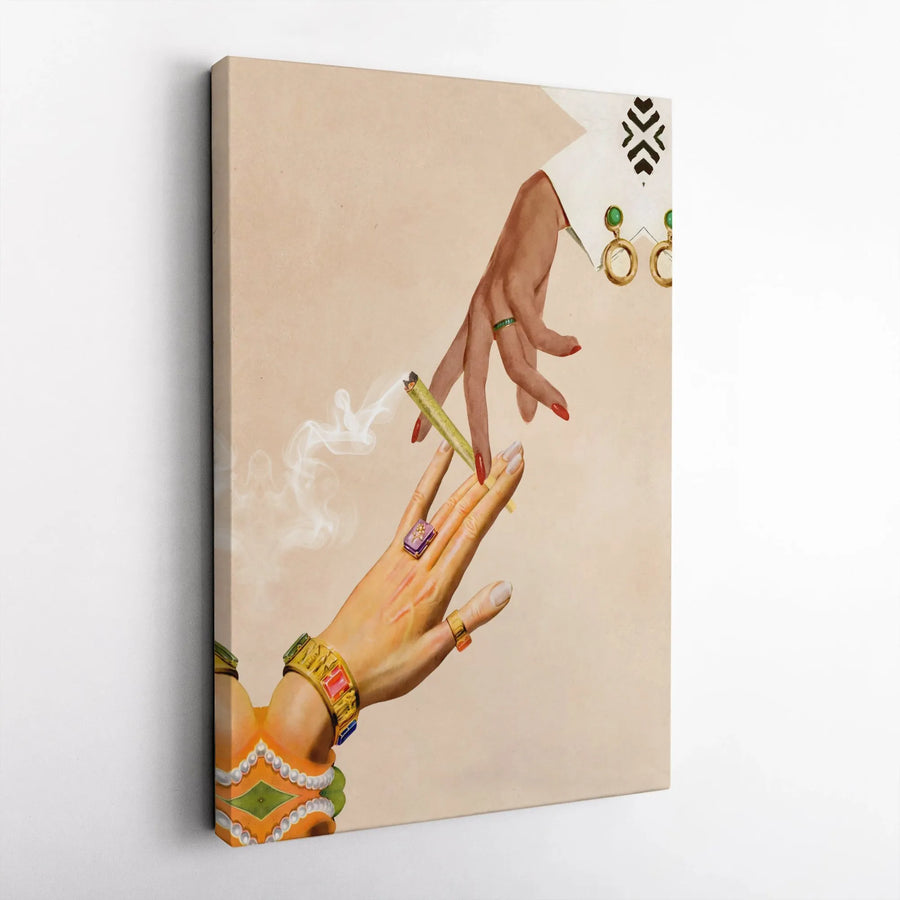 Jeweled Hands Passing Joint Canvas Art | Surreal Smoking Aesthetic Print | Premium Gallery Wrapped Wall Decor | Unique Stoner Gift For Home