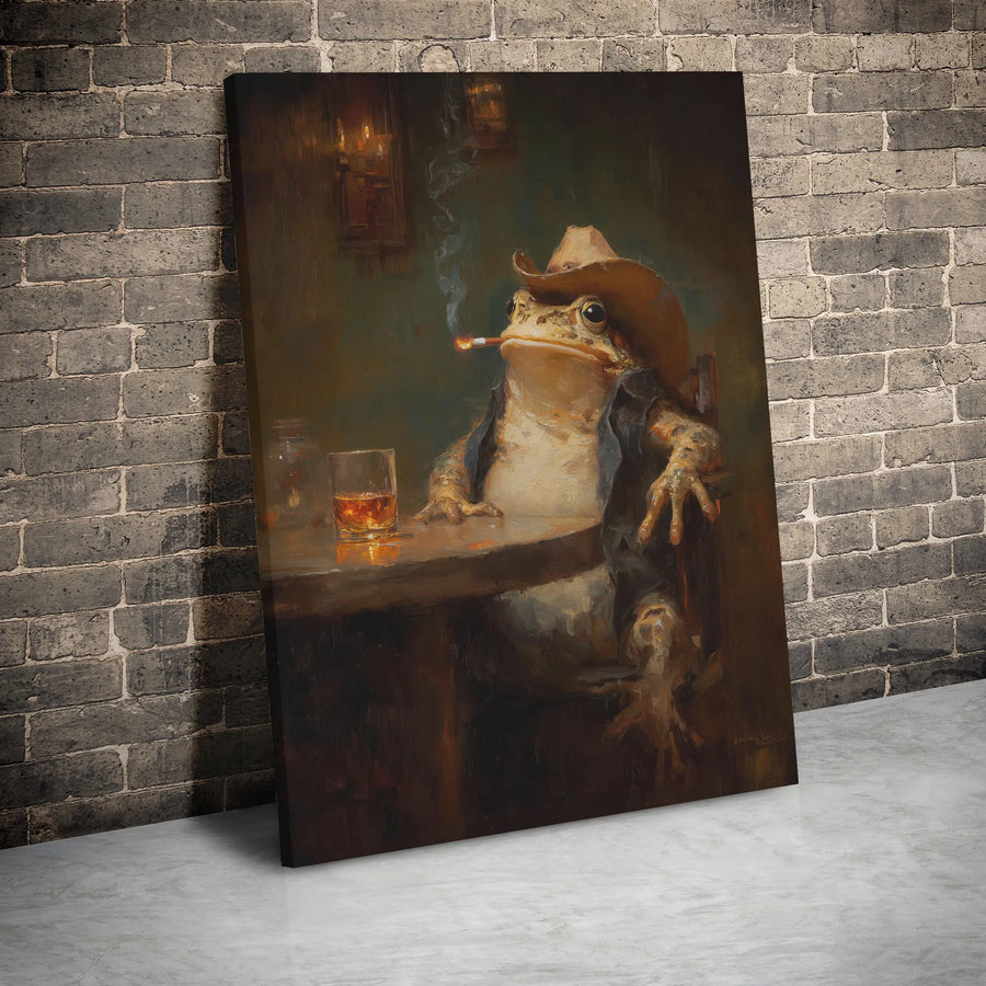 Cowboy Frog Wall Art | Whiskey Drinking Toad Saloon Print | Premium Gallery Wrap Canvas | Unique Western Bar Decor for Men