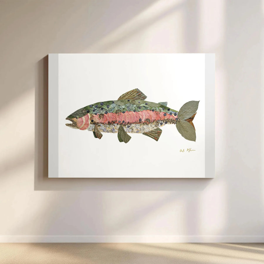 Rainbow Trout Canvas Wall Art | Pressed Flower Botanical Collage | Premium Gallery Quality Print | Unique Gift for Angler and Fisherman