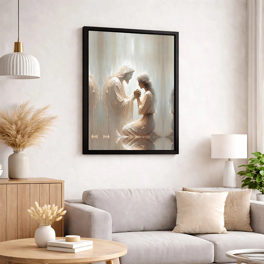 Jesus Comforting Praying Woman Canvas Print | Modern Christian Wall Art | Premium Gallery Wrapped | Religious Home Decor Gift